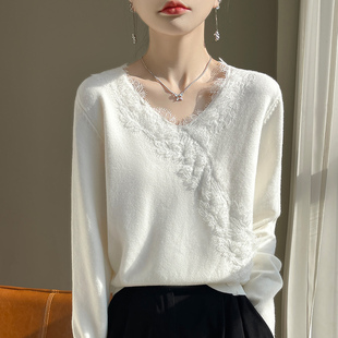 设计感蕾丝V领毛衣女内搭2024秋季新款软糯宽松洋气纯白色打底衫