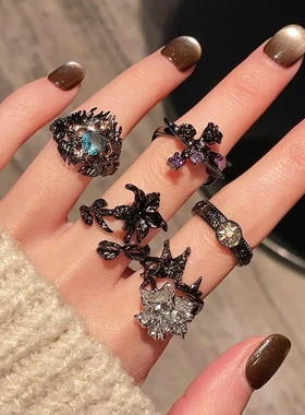 新款轻奢暗黑花朵开口戒指个性网红指环高级时尚小众高级感食指戒