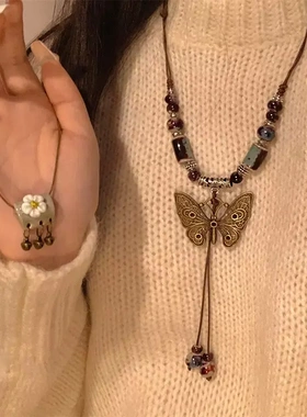 新中式禅意民族风蝴蝶项链女百搭高级感复古锁骨链爆款毛衣链配饰