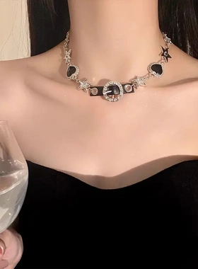 纯欲辣妹风黑色皮绳锁骨链女感脖颈链小众ins纯欲项链配饰