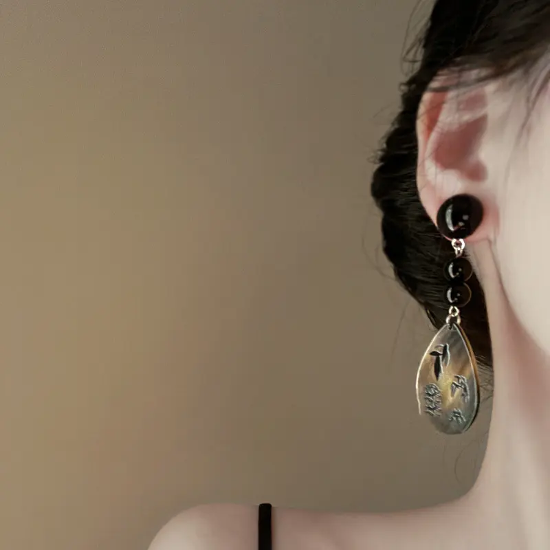 银针新中式黑色系竹子花朵珍珠流苏耳环气质百搭耳钉高级感耳饰女