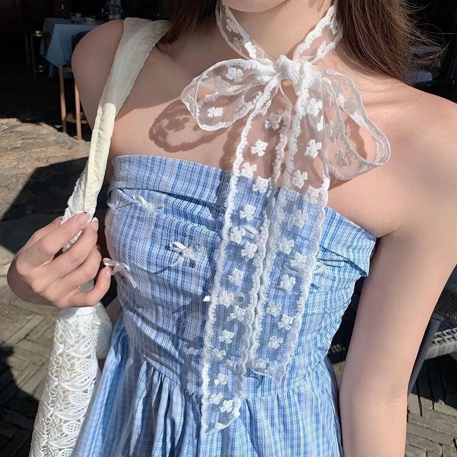 蝴蝶结蕾丝丝带丝巾女2025新款夏季度假风氛围感颈带装饰发带发绳