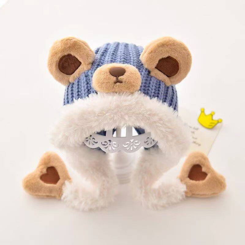 宝宝帽子秋冬季可爱卡通男童女宝宝防风护毛线帽加绒加厚针织帽冬