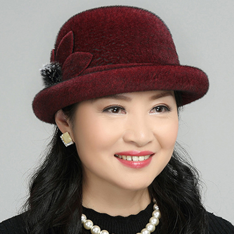 老人帽子女仿水貂毛礼帽中老年妈妈秋冬薄款小圆帽奶奶老太太盆帽