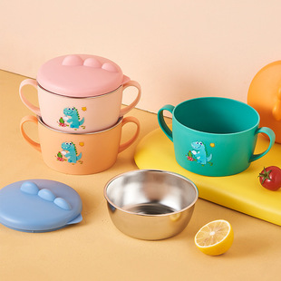 创意新款小学生汤碗儿童不锈钢碗餐具宝宝双耳碗套装饭碗带手柄杯