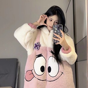 可爱粉大星珊瑚绒睡衣女加绒加厚冬季新款毛绒连体睡衣家居服睡袍