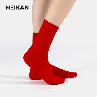 MEIKAN 本命年红色袜子双针女士中筒袜大红棉袜秋冬竖条纹红袜
