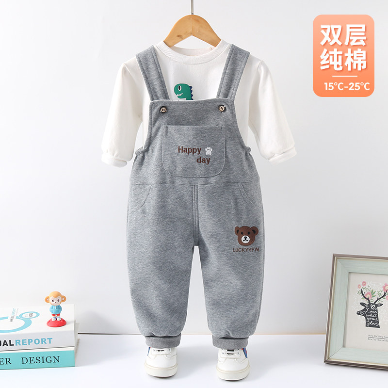 宝宝背带裤春秋款双层针织纯棉男童2025新款洋气一岁儿童婴儿裤子