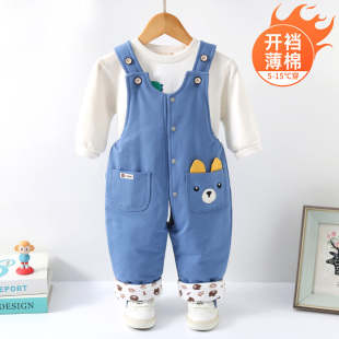 纯棉可爱男童儿童宝宝裤 3岁秋冬外穿薄棉开裆裤 子 婴儿背带棉裤