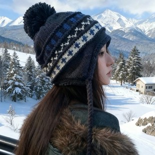 费尔岛提花毛球针织帽女秋冬保暖加绒毛线帽子骑车防寒护耳雷锋帽
