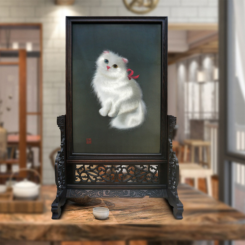 苏绣成品双面绣波斯猫纯手工摆件送老外传统刺绣中国风特色台屏风