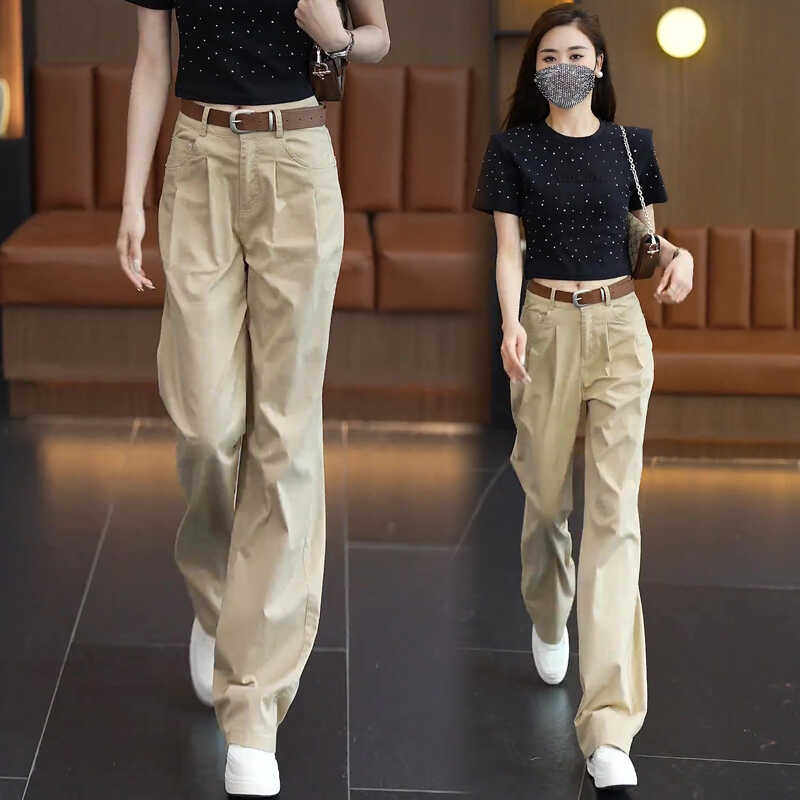 时尚卡其色窄版阔腿裤女2024夏季新款高腰显瘦宽松休闲薄款直筒裤