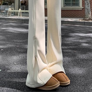 开叉拉链微休闲运动卫裤 高腰窄版 时尚 女2024秋冬新款 潮 加绒阔腿裤