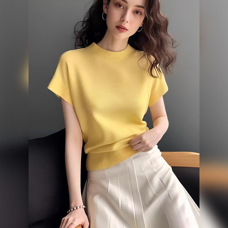黄色正肩独特短袖T恤女2025夏季新款小衫洋气别致百搭显瘦上衣潮