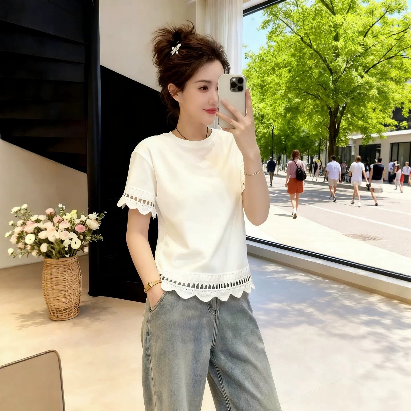 欧货白色蕾丝边短袖T恤女2026新款夏季宽松减龄显瘦百搭体恤上衣