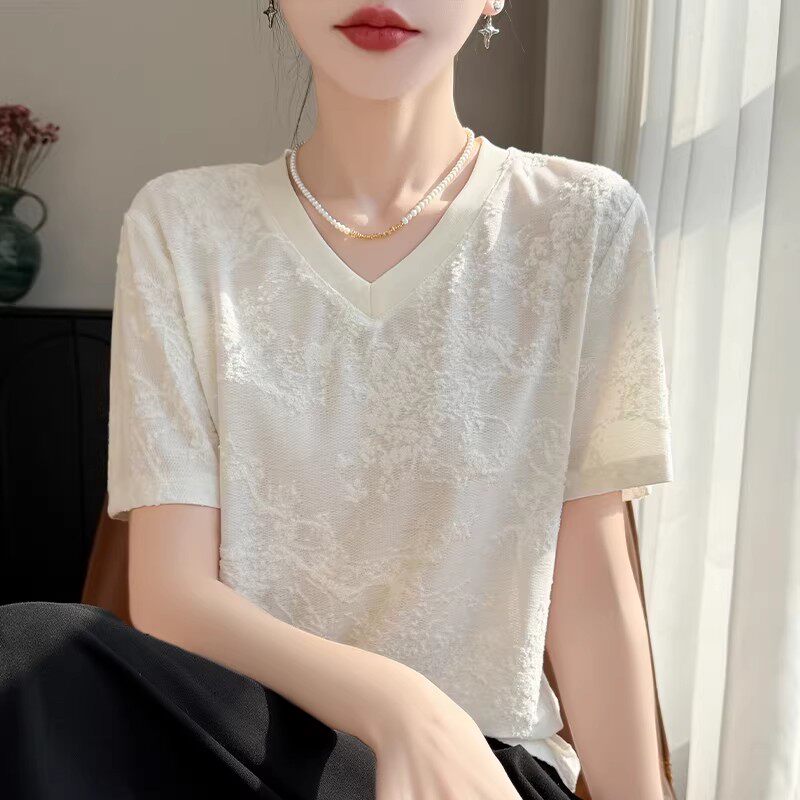 轻国风提花V领冰丝短袖T恤女夏季2026新款显瘦正肩半袖T恤上衣潮