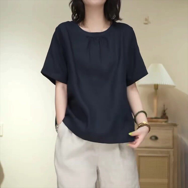 圆领短袖衬衫女2026夏季新款胖妹妹法式时尚宽松休闲设计感上衣潮