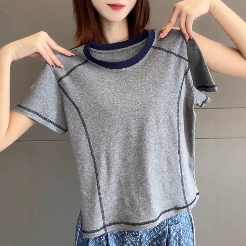 正肩短袖T恤女2026新款夏季撞色大码胖MM圆领修身显瘦体恤上衣潮