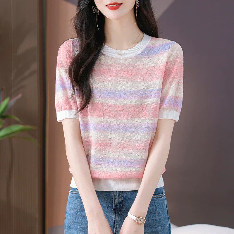 短袖t恤女夏季2026新款设计感圆领条纹彩色薄款显瘦针织衫上衣潮
