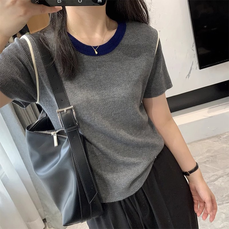 大码撞色正肩圆领短袖T恤女2024夏季新款爆款时尚胖mm显瘦上衣潮