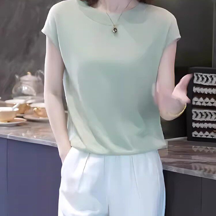 纯色简约大气冰丝短袖T恤女2026夏季新款宽松显瘦韩版上衣小衫潮
