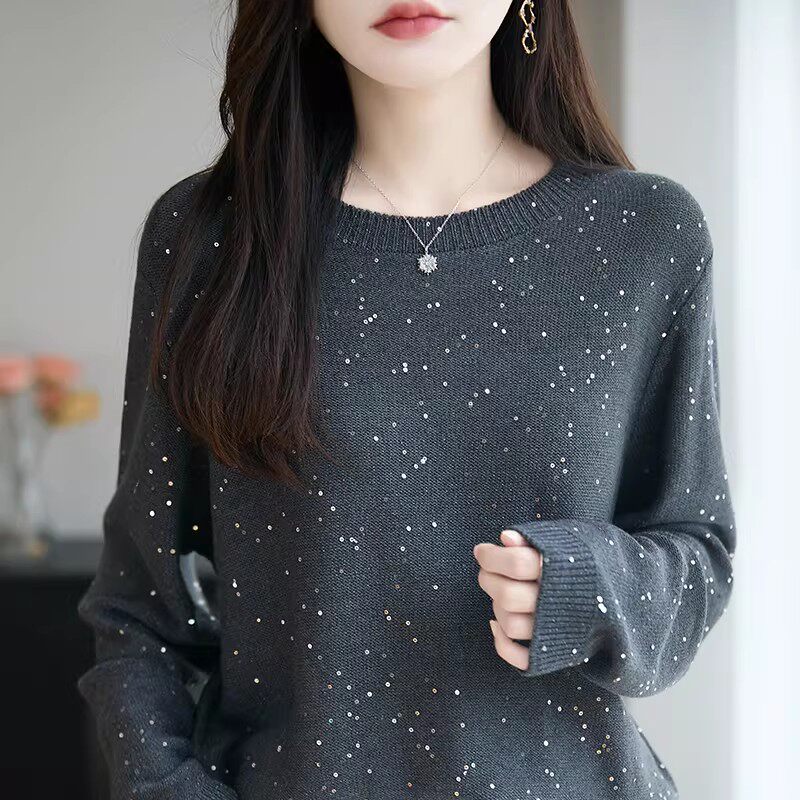 2026春秋新款轻奢亮片圆领打底针织衫女气质外穿休闲薄款毛衣上衣