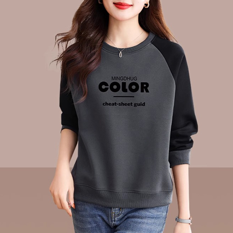 气质插肩袖拼接撞色打底衫女2024秋冬新款时尚百搭宽松长袖上衣潮