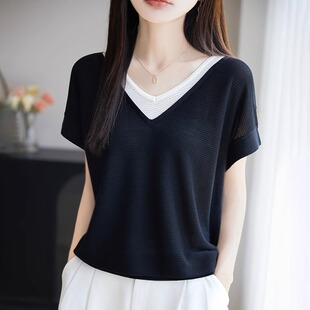 法式撞色假两件冰丝V领针织短袖T恤女2025宽松休闲 条纹1/4吋套筒