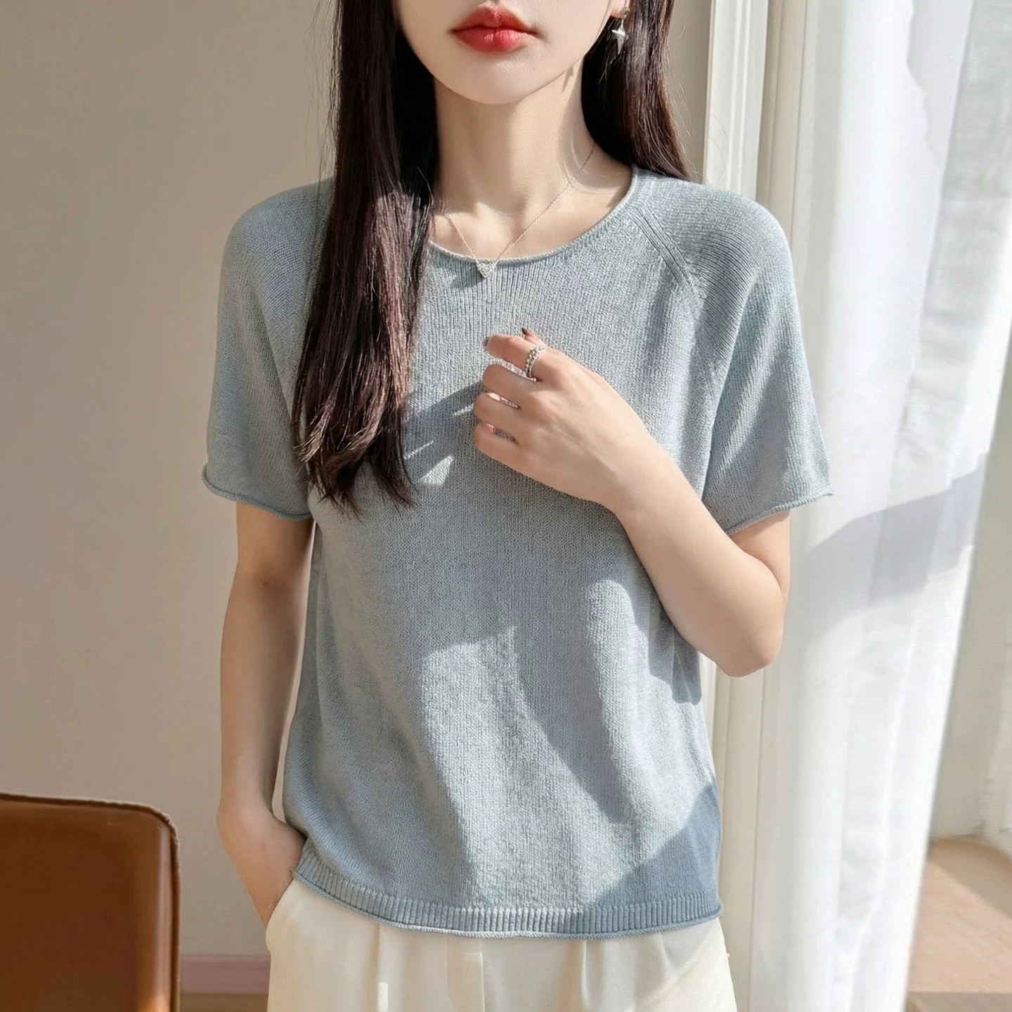 法式亚麻针织短袖T恤女2026夏季新款透气宽松显瘦半袖打底上衣潮