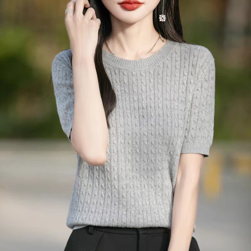 复古麻花冰丝针织短袖T恤女2026夏季新款圆领显瘦半袖打底衫上衣