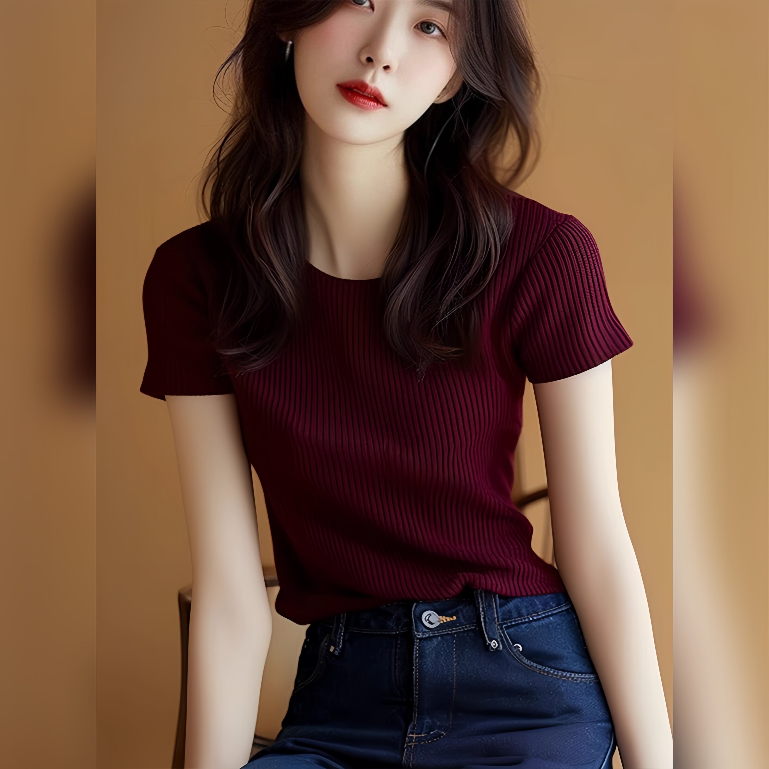 小众修身酒红色上衣女2024夏季新款欧货小衫短款圆领百搭短袖T恤