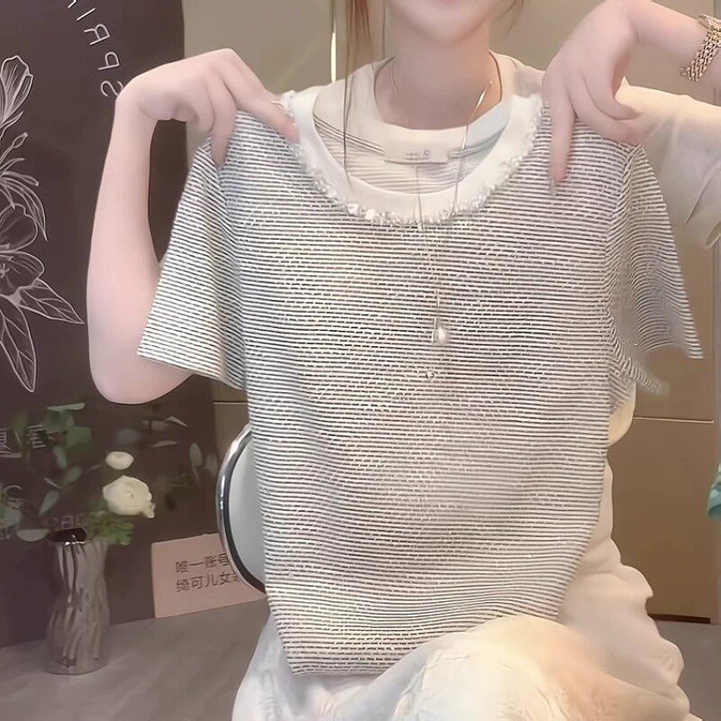 欧货高级感圆领花边短袖T恤女2026夏季新款减龄超好看显瘦上衣潮