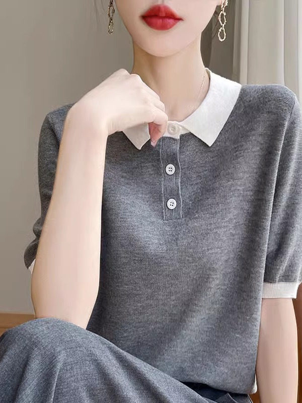 百搭针织短袖t恤女2025新款时尚简约小翻领爆款大码女装夏季上衣
