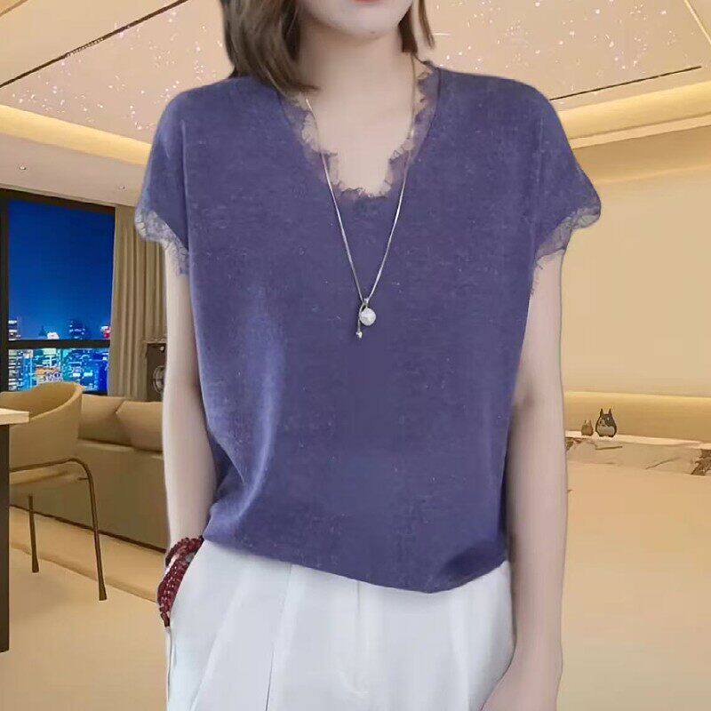 冰丝短袖t恤女2026新款夏季花边蕾丝v领针织衫宽松休闲大码上衣潮