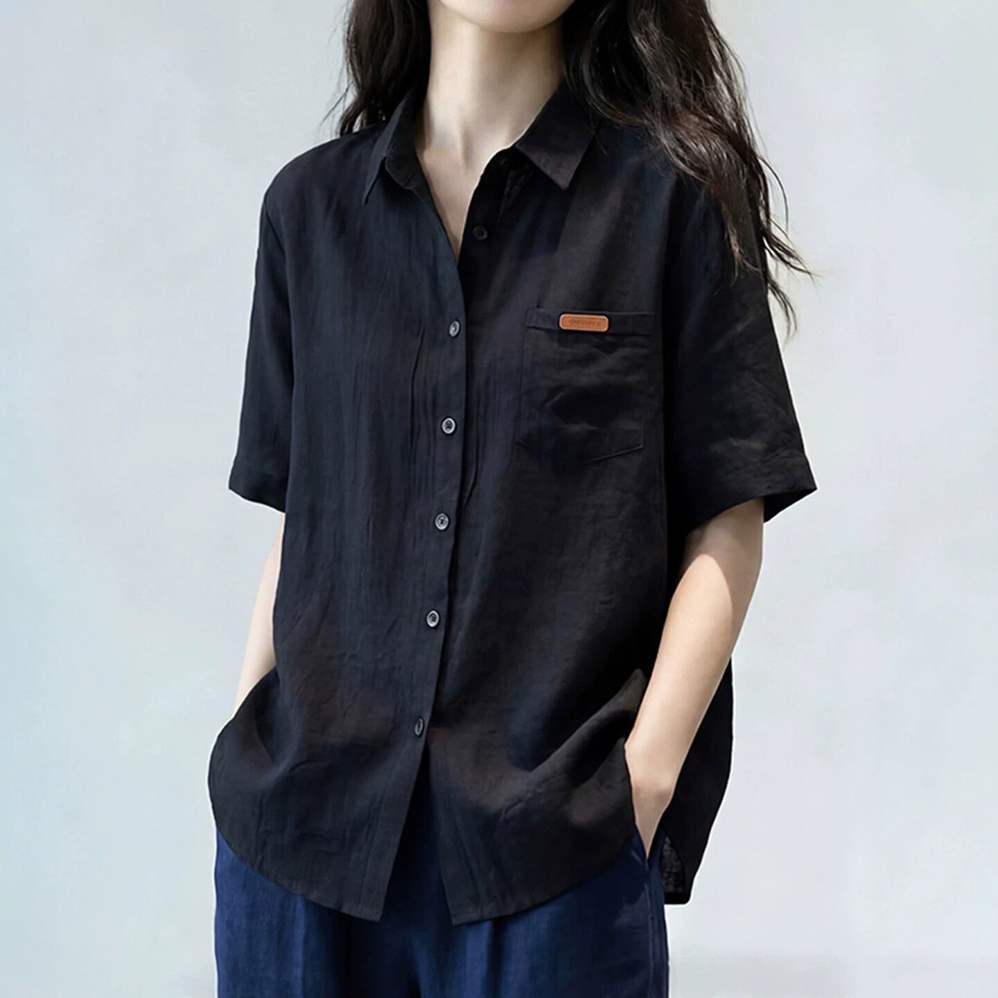 黑色短袖衬衫女2026夏季新款胖MM高级感洋派宽松显瘦休闲翻领上衣