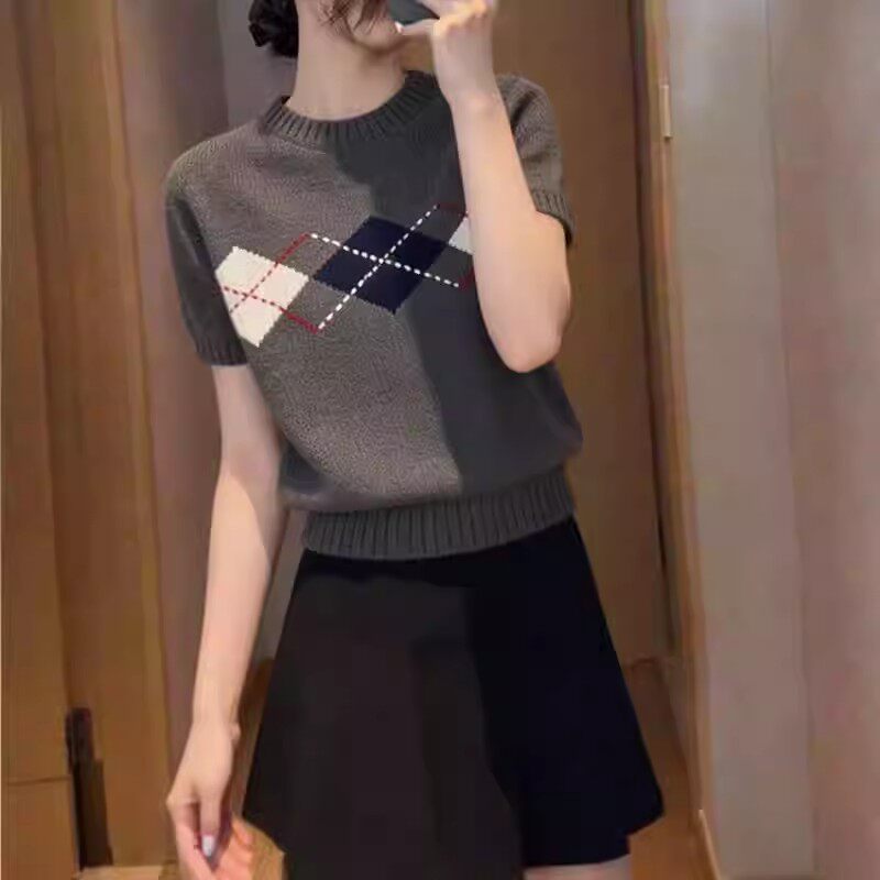 韩系菱格冰丝短袖T恤女2026夏季新款显瘦遮肚洋派减龄针织衫上衣