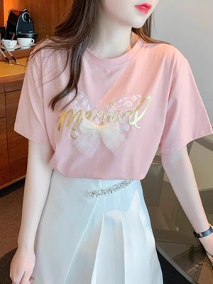 蝴蝶结印花短袖t恤女2024夏季新款时尚百搭体恤衫上衣显瘦小衫潮