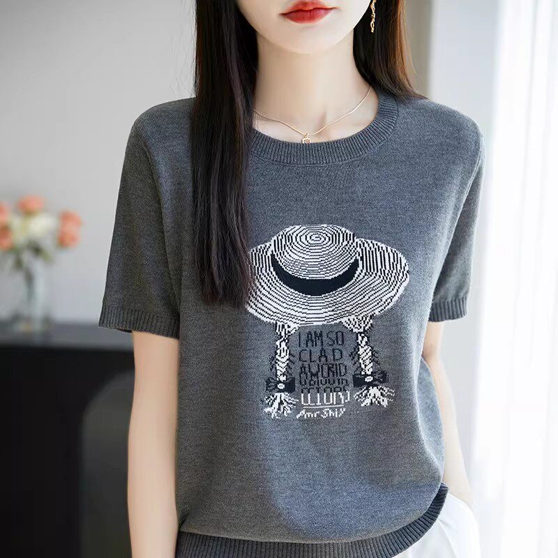 灰色圆领短袖T恤女2026夏新款卡通印花洋派百搭针织T恤半袖上衣