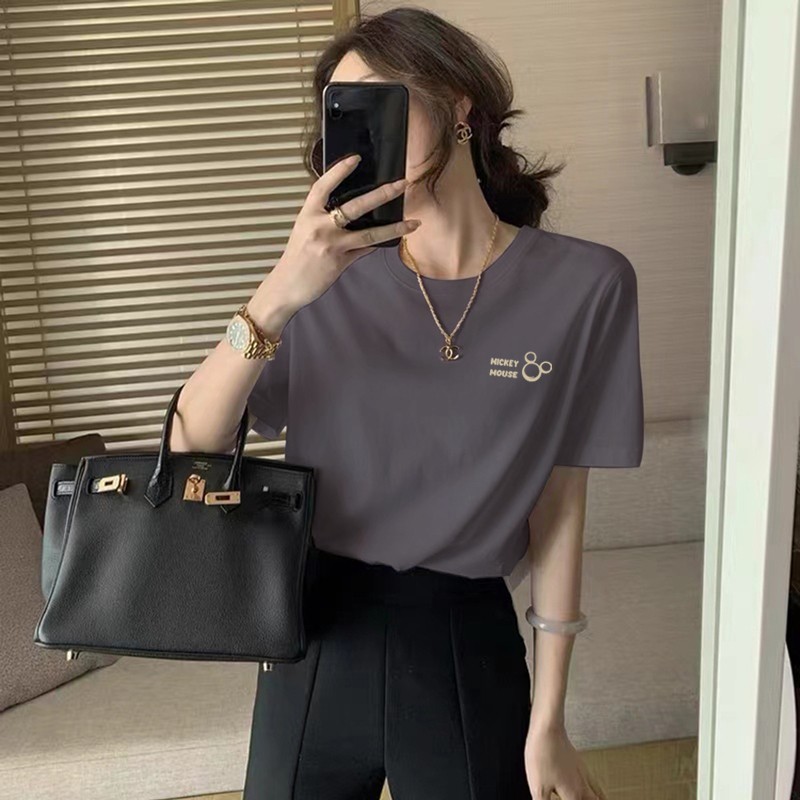 灰色正肩宽松短袖t恤女2024夏季新款显瘦薄款百搭休闲半袖上衣潮