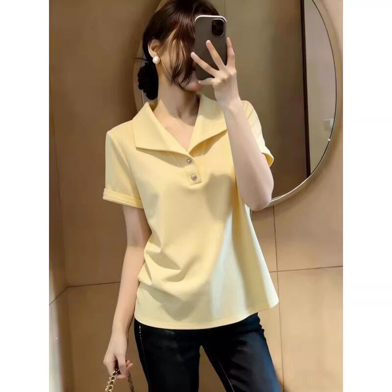 黄色Polo衫V领正肩短袖t恤女2026夏季新款显瘦超火减龄半袖上衣潮