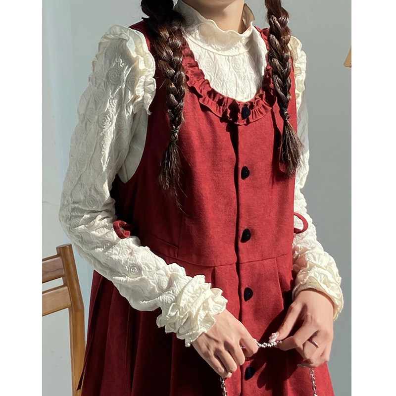 法式复古甜美圆领灯芯绒背带连衣裙收腰系带显瘦甜美少女红色裙子