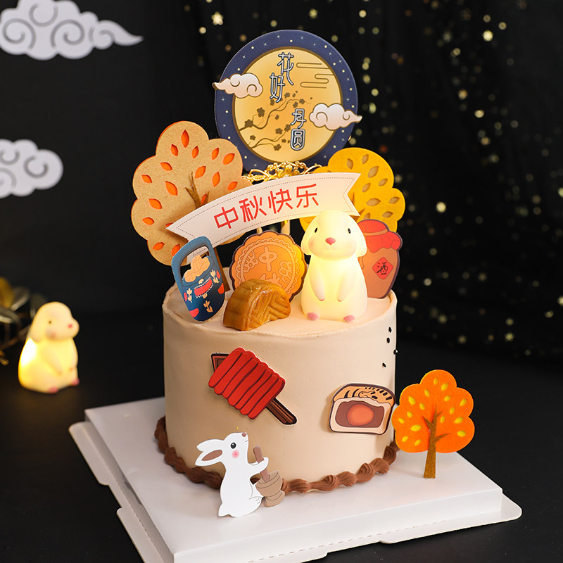 中秋节玉桂兔小夜灯月饼兔玩偶蛋糕装饰摆件玉兔捣药花好月圆插牌