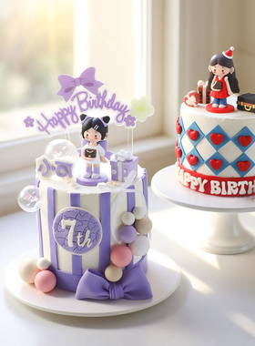 卡通COCO包包女孩蛋糕装饰玩偶摆件紫色蝴蝶结红色生日帽礼物插牌