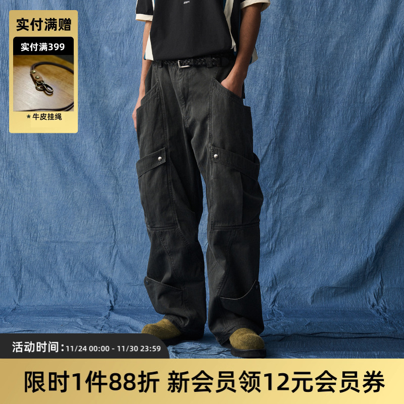 复古做旧弯刀裤多口袋工装长裤