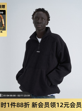 TIRES「隙柔」复古摇粒绒卫衣 黑色套头无帽运动宽松廓形加绒套头