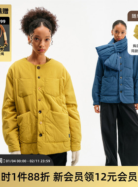 TIRES「隙柔」日系无领棉服口袋设计 柔软轻薄棉服秋冬休闲外套