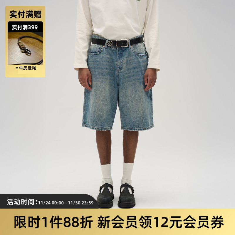 TIRES 25SS 日系复古全棉洗水牛仔短裤 宽松廓形五分中裤男女