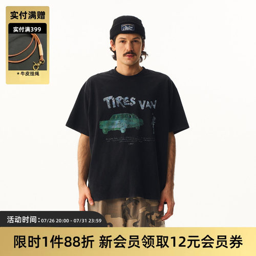 TIRES复古水洗做旧印花短袖tee