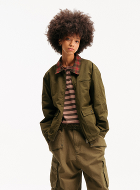 TIRES「澄砺」日系复古工装夹克 羊毛格子双面穿宽松厚外套男女