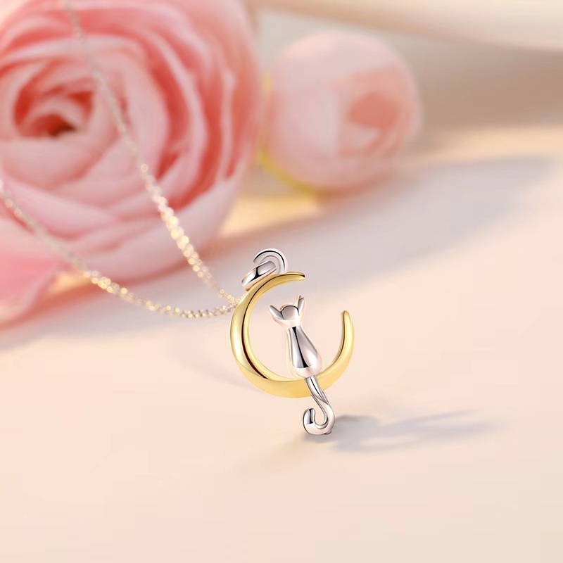 925纯银项链女森系少女小猫咪锁骨链月牙简约时尚网红同款潮吊坠